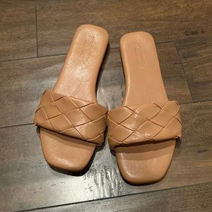 Tan faux leather slide sandals